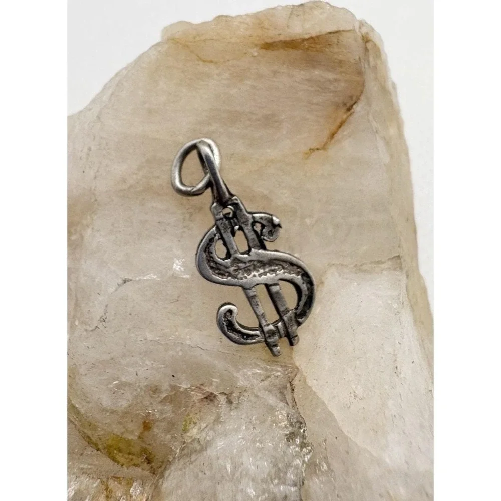 Vintage Sterling Silver Dollar Sign Charm 925 Money Symbol‎ Pendant Y2K Business
